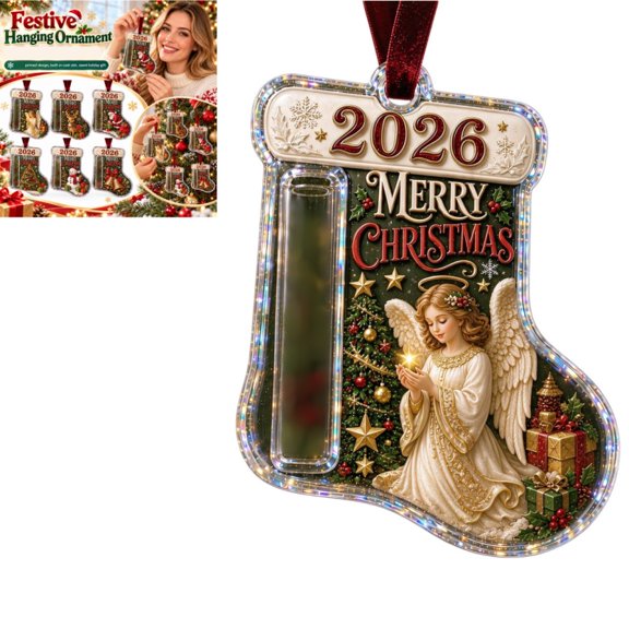 Christmas Stocking‑Shaped Money Holder Hanging Ornament, Acrylic Cash Slot Hanging Decoration with Angel Print, Festive Tree Pendant Gift for Christmas Holiday Home Decor
