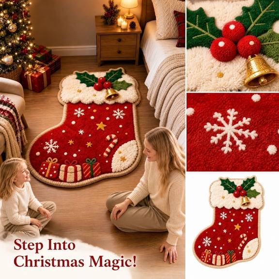 Christmas Stocking Shaped Rug, Imitation Wool Holiday Floor Mat, 39''L31''W Christmas Stocking Decor Mat with Snowflake & Gift Pattern for Indoor Home Xmas Decoration(Red)