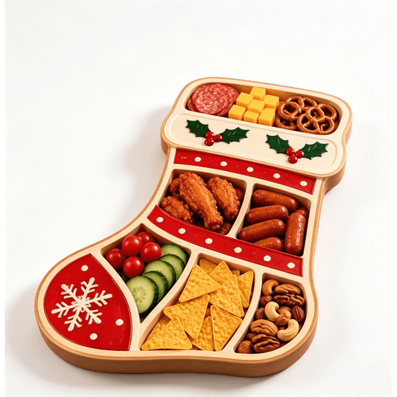 Christmas Stocking Shaped Serving Platter, Divided Holiday Snack Tray for Salami, Cheese, Cookies, and Nuts, Festive Party Food Board for Kids, Families, and Christmas Events