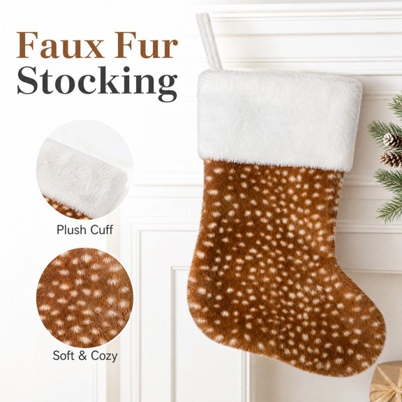 Christmas Stocking, Soft Faux Fawn Dot Hanging Stocking for Mantel Holiday Decor Family Christmas Gift 16 Inch 1 Pack