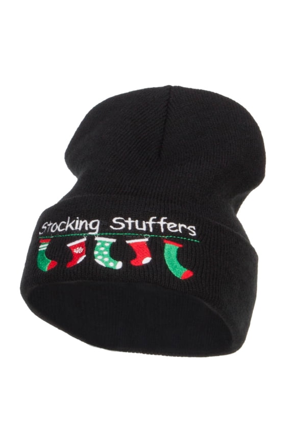 Christmas Stocking Stuffers Embroidered Long Beanie - Black OSFM