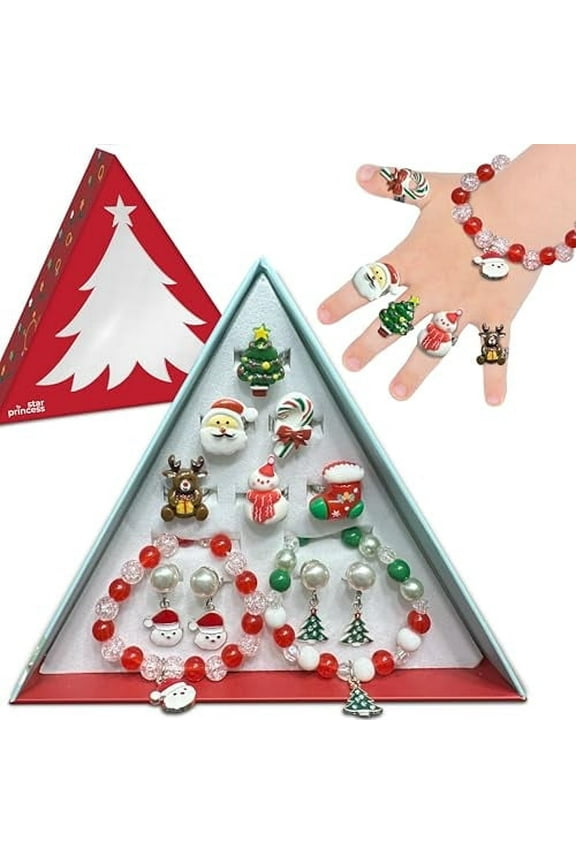 Christmas Stocking Stuffers Jewel Rings for Kids, Holiday Dress-Up Jewelry Set - Rings, Bracelets, Clip-On Earrings for Girls, Christmas Gift for Girls Age 3 4 5 6 7 8 and Up