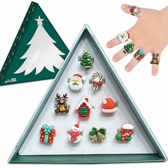 Christmas Stocking Stuffers Jewel Rings for Kids, Set of 10 Christmas-Themed Adjustable Holiday Dress-Up Rings for Girls in Christmas Tree Gift Box, Christmas Gift for Girls Age 3 4 5 6 7 8 and Up