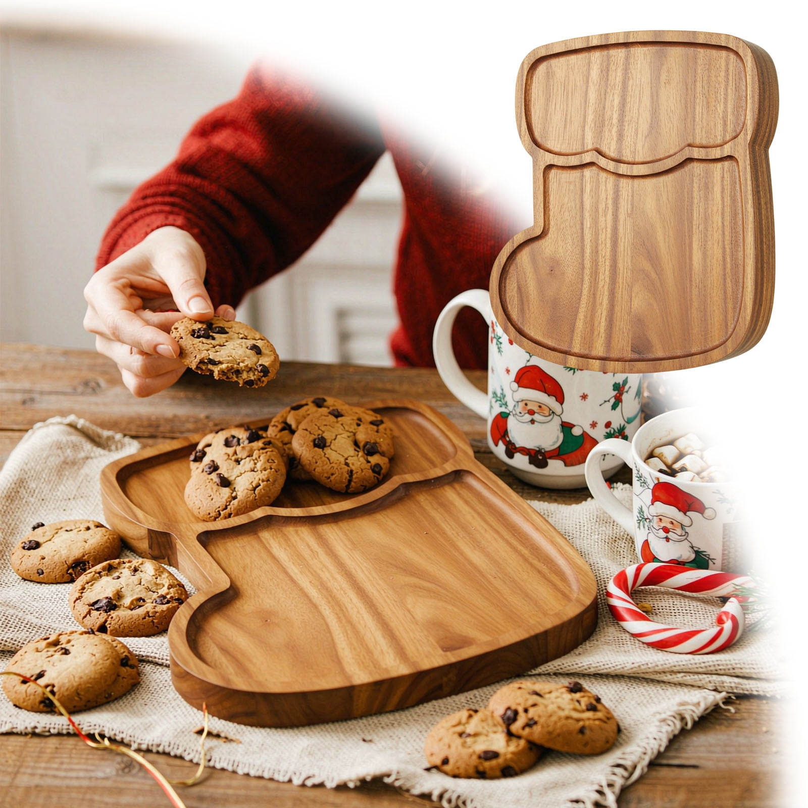 Christmas Stocking Wooden Serving Tray with Raised Edge, Cookie Platter ...
