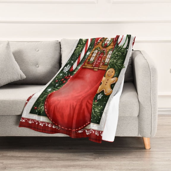 Christmas Stocking and Gingerbread House Throw Blanket 60" x 90" Soft and Warm Blankets for Couch Sofa and Bed