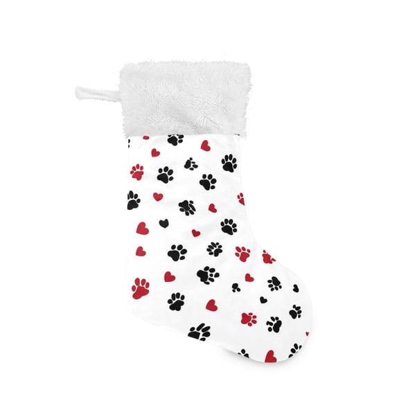 Christmas Stocking with Hanging Loop for Family Holiday Ornament Black Paws and Hearts Pattern