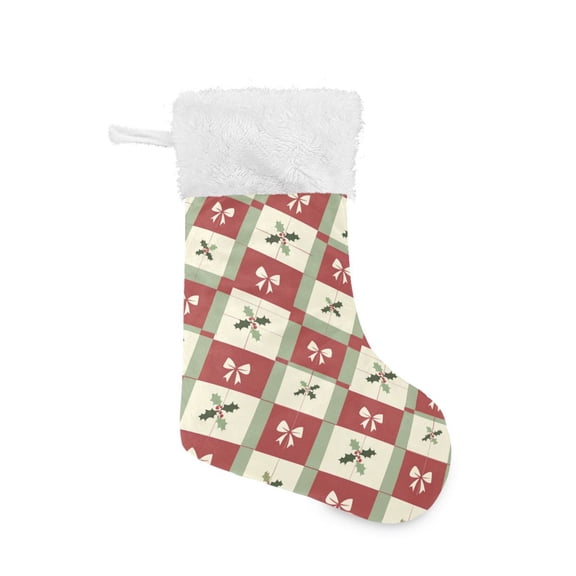 Christmas Stocking with Hanging Loop for Family Holiday Ornament Bow and Holly Pattern