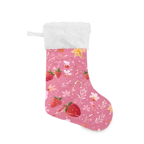 Christmas Stocking with Hanging Loop for Family Holiday Ornament Candy Cane and Strawberry Pattern