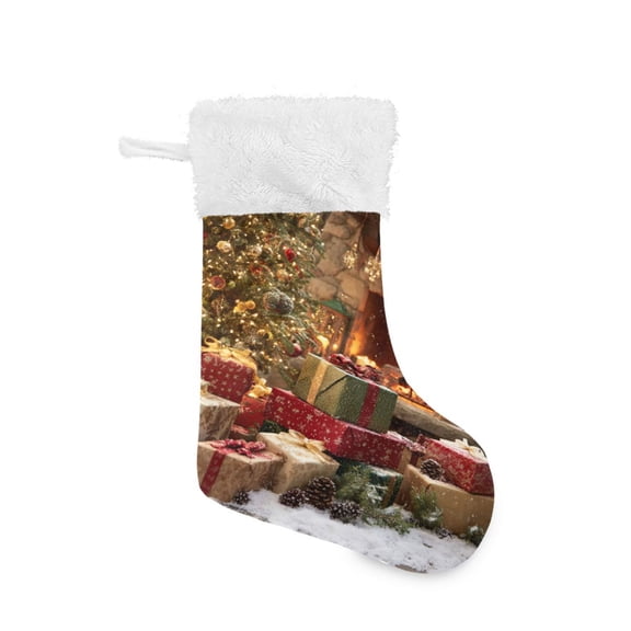 Christmas Stocking with Hanging Loop for Family Holiday Ornament Christmas Tree and Pile Of Gifts