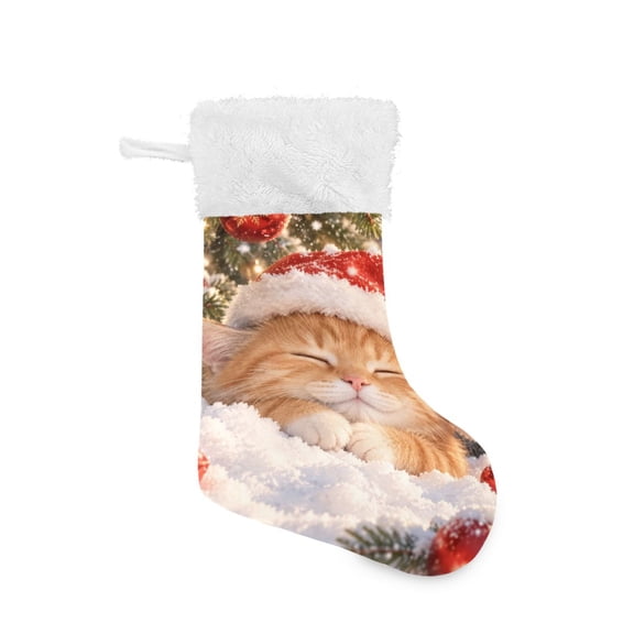 Christmas Stocking with Hanging Loop for Family Holiday Ornament Cute Cat Wearing Santa Hat