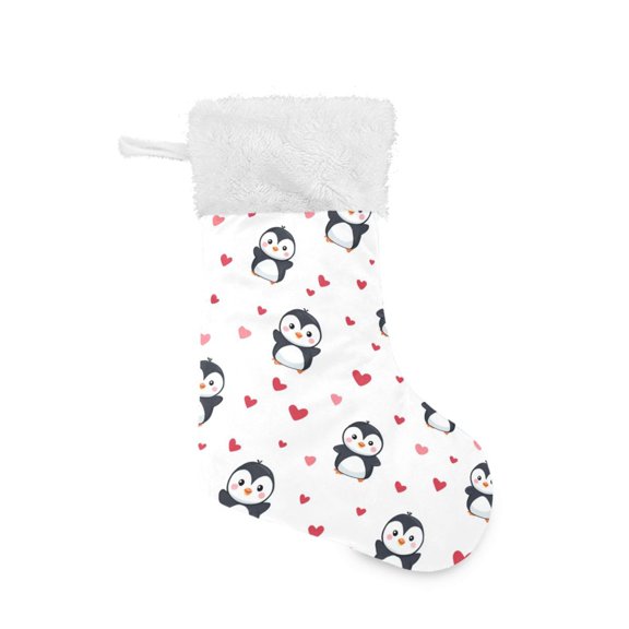 Christmas Stocking with Hanging Loop for Family Holiday Ornament Cute Penguin and Hearts Pattern
