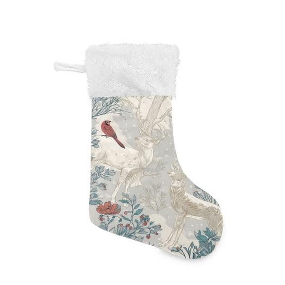 Christmas Stocking with Hanging Loop for Family Holiday Ornament Hand-drawn Deer and Cardinals