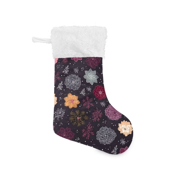 Christmas Stocking with Hanging Loop for Family Holiday Ornament Hand-drawn Flowers and Snowflakes