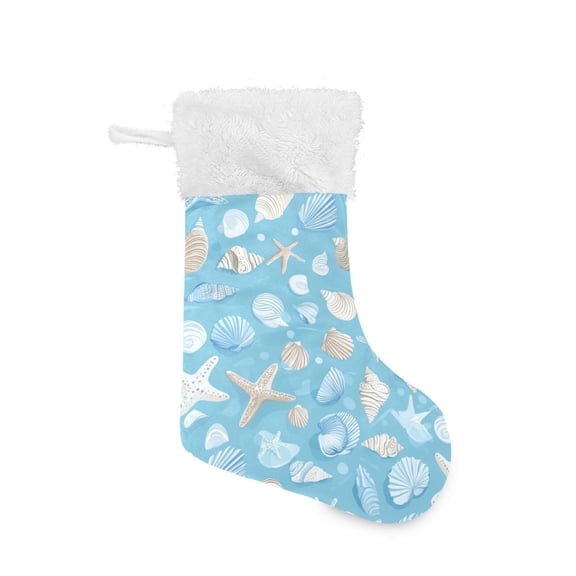Christmas Stocking with Hanging Loop for Family Holiday Ornament Light Blue Seashells and Starfish