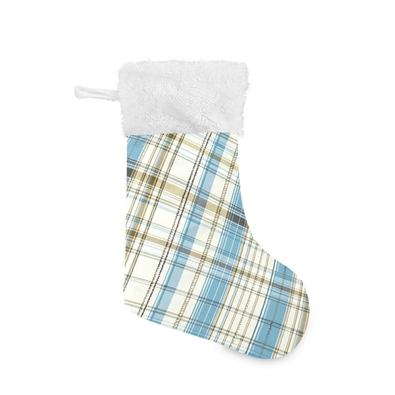 Christmas Stocking with Hanging Loop for Family Holiday Ornament Light Blue and Brown Tartan