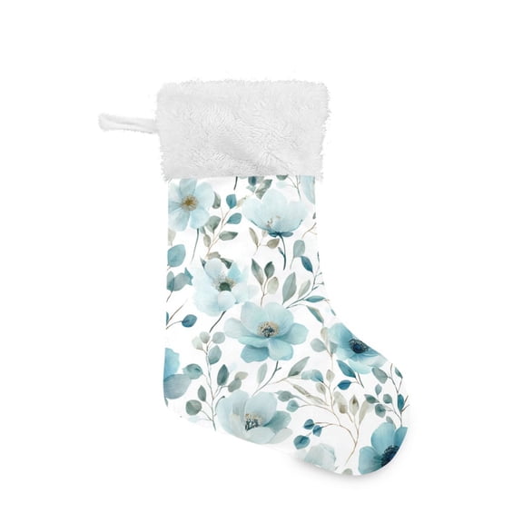 Christmas Stocking with Hanging Loop for Family Holiday Ornament Pastel Blue Flowers Pattern