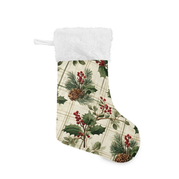 Christmas Stocking with Hanging Loop for Family Holiday Ornament Pine Boughs and Holly Pattern