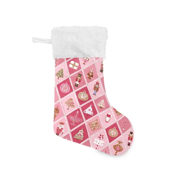 Christmas Stocking with Hanging Loop for Family Holiday Ornament Pink and White Christmas Motifs
