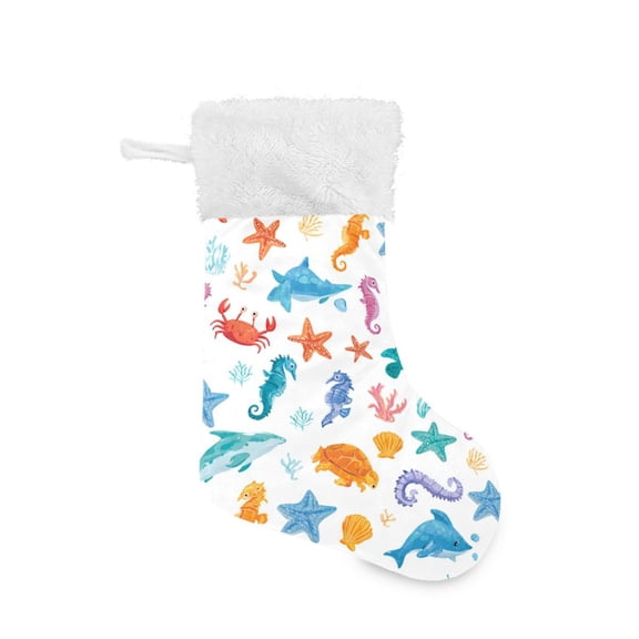 Christmas Stocking with Hanging Loop for Family Holiday Ornament Playful Sea Animals Pattern