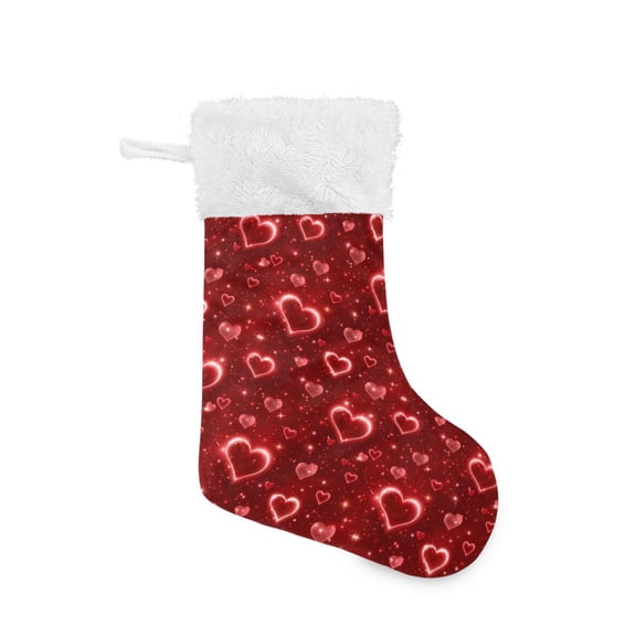 Christmas Stocking with Hanging Loop for Family Holiday Ornament Red Hearts Pattern