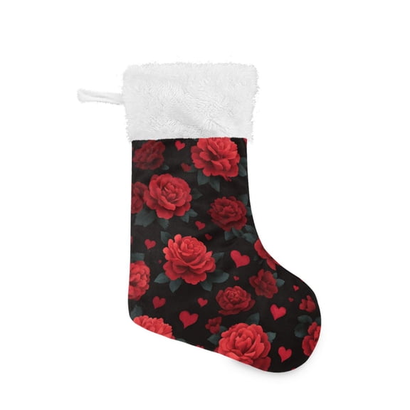 Christmas Stocking with Hanging Loop for Family Holiday Ornament Red Roses and Hearts Pattern