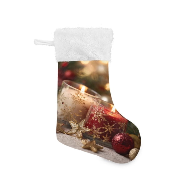 Christmas Stocking with Hanging Loop for Family Holiday Ornament Red and White Scented Candles Pattern