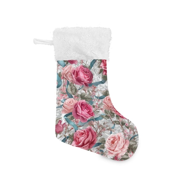 Christmas Stocking with Hanging Loop for Family Holiday Ornament Roses and Ribbons
