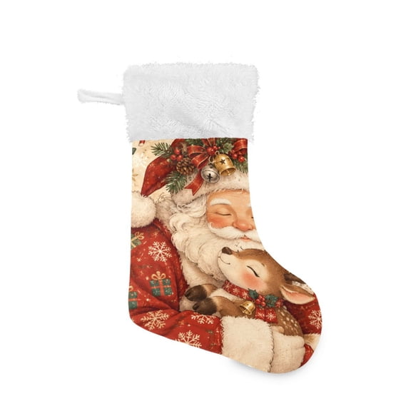 Christmas Stocking with Hanging Loop for Family Holiday Ornament Santa Claus Holding Reindeer Pattern