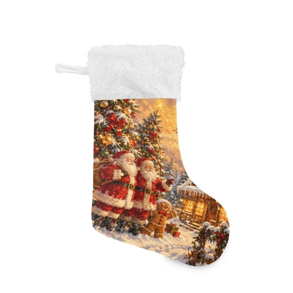 Christmas Stocking with Hanging Loop for Family Holiday Ornament Santa Claus and Snowy House Pattern