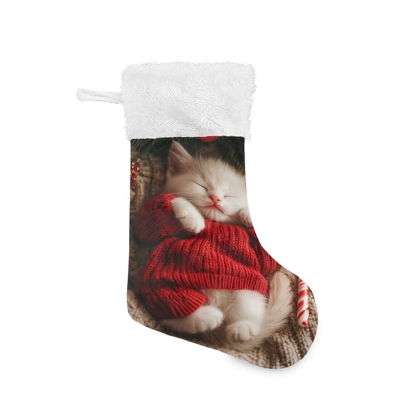 Christmas Stocking with Hanging Loop for Family Holiday Ornament White Cat in Red Sweater