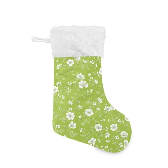 Christmas Stocking with Hanging Loop for Family Holiday Ornament White Flowers and Leaves
