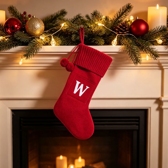 Christmas Stocking with Initial, Family Initial Xmas Stocking, Embroidered Letter Knit Stocking for Family Holiday Decor and Xmas Gift (W)
