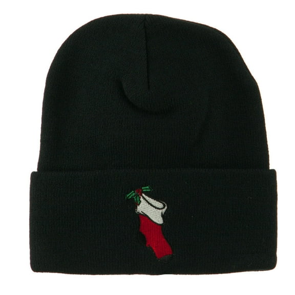 Christmas Stocking with Mistletoe Embroidered Long Beanie - Black OSFM