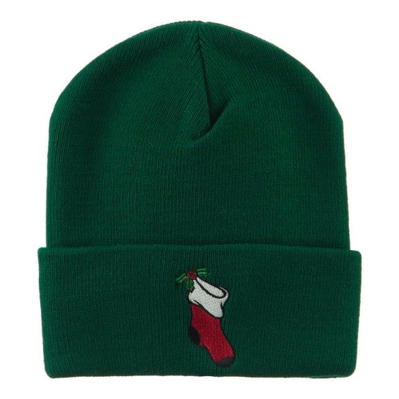 Christmas Stocking with Mistletoe Embroidered Long Beanie - Green OSFM
