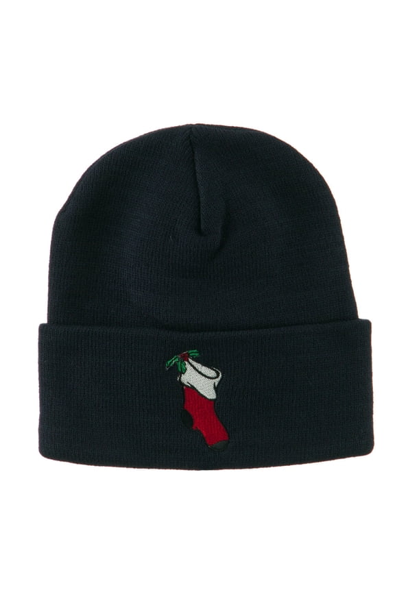 Christmas Stocking with Mistletoe Embroidered Long Beanie - Navy OSFM