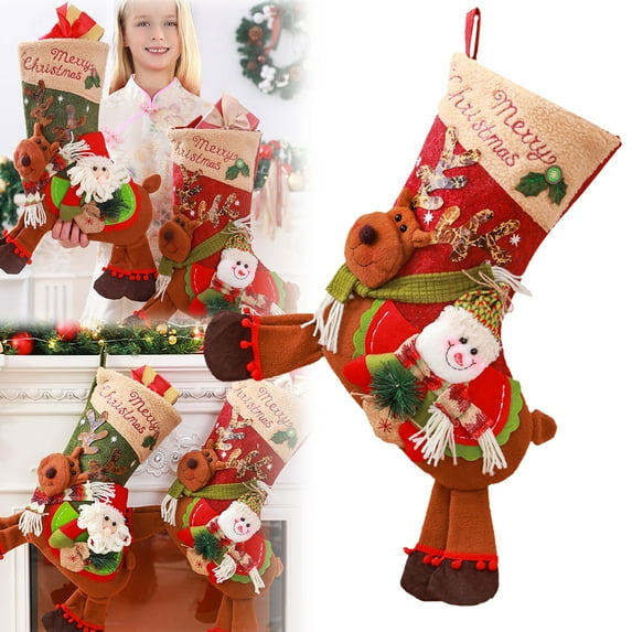 Christmas Stockings 16.5In Large Santa/Snowman Riding Deer Xmas Stockings Decorations Hanging Christmas Tree Decor for Family Holiday Xmas Decor