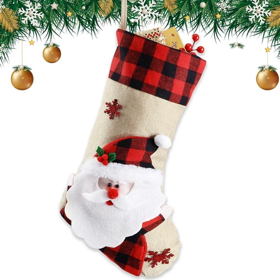 Christmas Stockings, 18.5" Burlap Plaid Christmas Stocking Xmas Hanging Stockings Holiday for Kids Christmas Tree Fireplace Family Party Decor(RL)