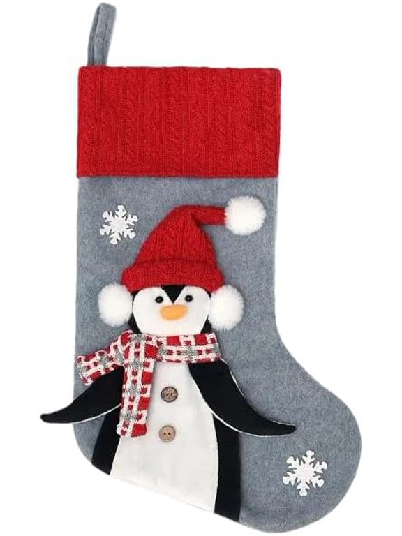 Christmas Stockings, 18” Large Super Soft Knitted Xmas Stocking for Kids,Holiday and Family Stocking for Fireplace Christmas Holiday Party Decoration (Grey Penguin)