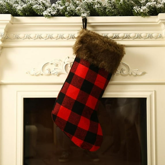 Christmas Stockings,19" Red Black Buffalo Plaid Christmas Stockings with Plush Faux Fur Cuff Xmas Stockings Fireplace Hanging Stockings for Family Holiday Christmas