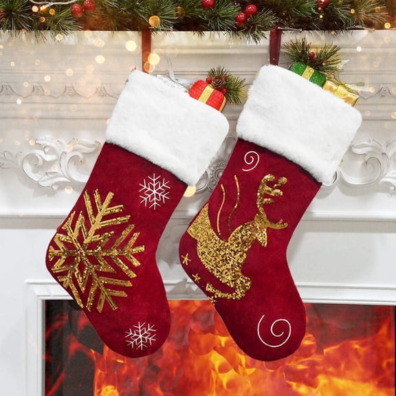 Christmas Stockings for Family 18" Gold Sequins Burgundy Red Velvet with White Soft Faux Fur Embroidery Christmas Stocking Kit Large Snowflake Reindeer Ornament Goodie Bags Family
