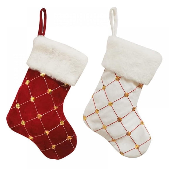 Christmas Stockings 2 Pack for Family, Mini Embroidery Gold Sequins Christmas Stockings White Red Luxury Faux Fur Xmas Stocking for Xmas Tree Holiday Party Decoration