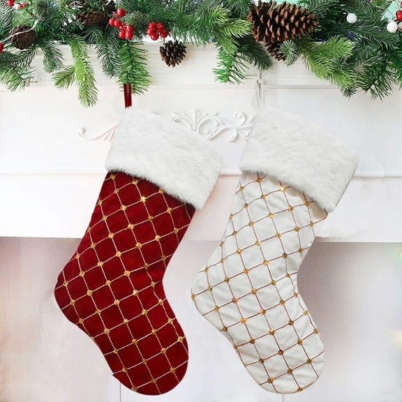 Christmas Stockings, 2 Pcs 18 inches Quilted Cotton Red or White Thick Luxury Stockings, for Family Holiday Xmas Party Decorations