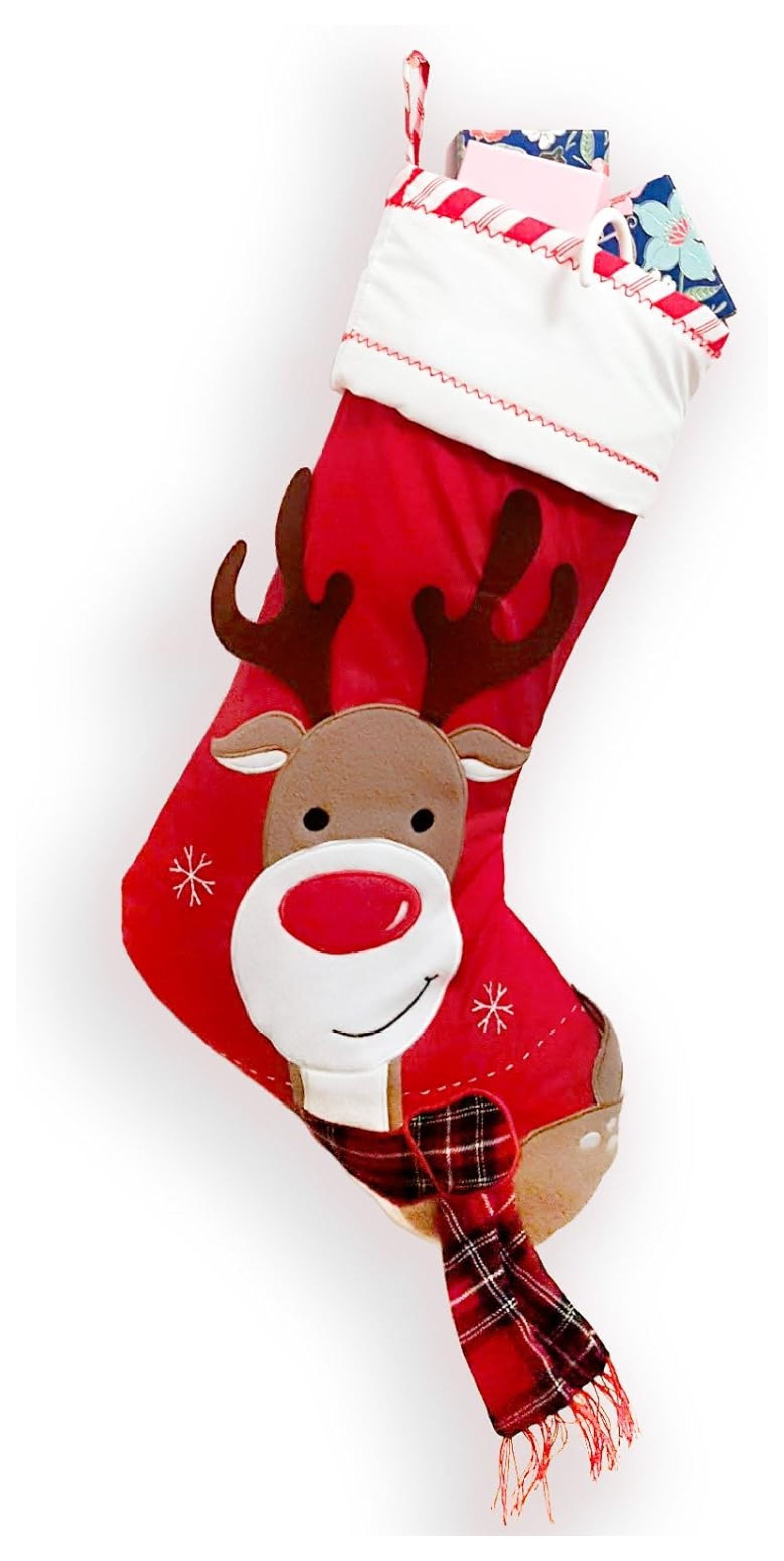 20" Red and White Quilted Reindeer Christmas Stocking