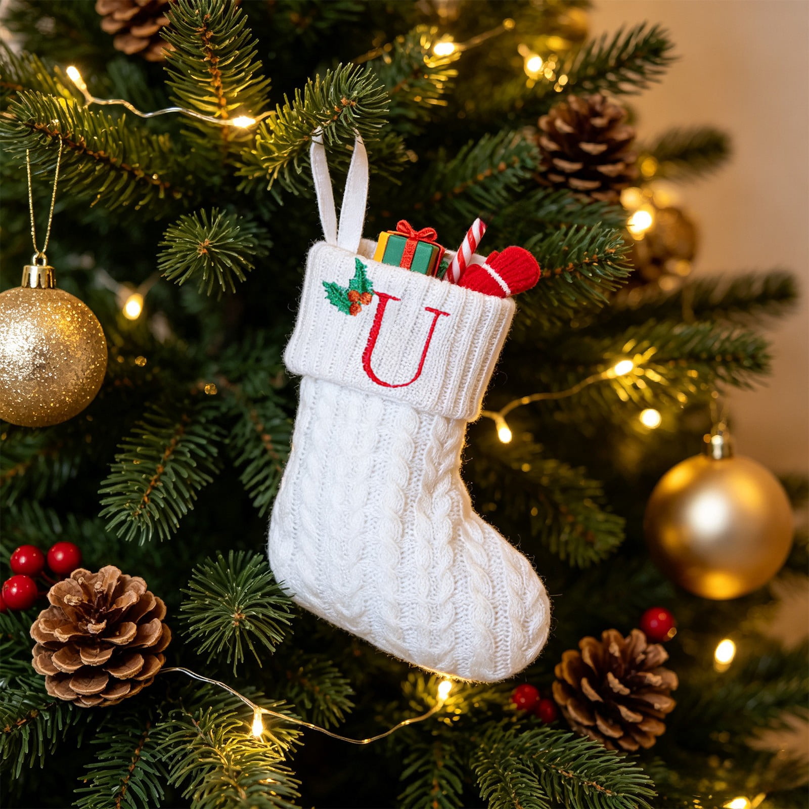 Embroided Writing Christmas Stockings, 26 Letters Initial Knit Xmas Stocking, White Cable ...