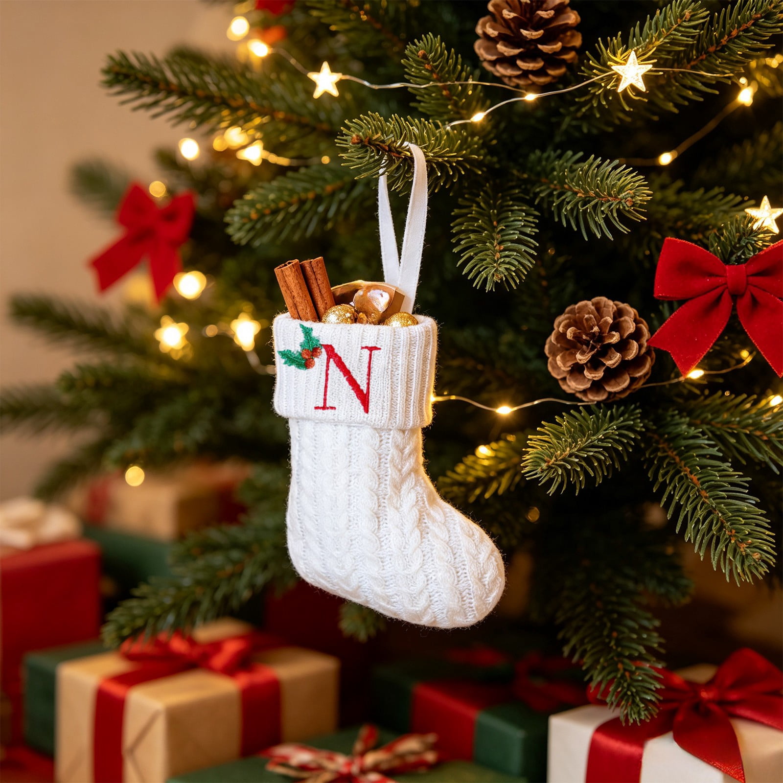Embroided Writing Christmas Stockings, 26 Letters Initial Knit Xmas Stocking, White Cable ...