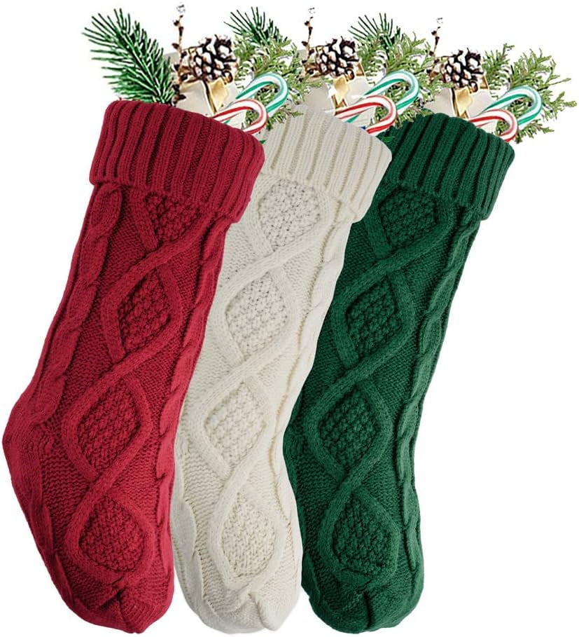 Christmas Stockings, 3 Pack 18 inches Large Size Cable Knitted Xmas Rustic Personalized Stocking Decorations for Family Holiday Season Decor, Green White and Wine Red