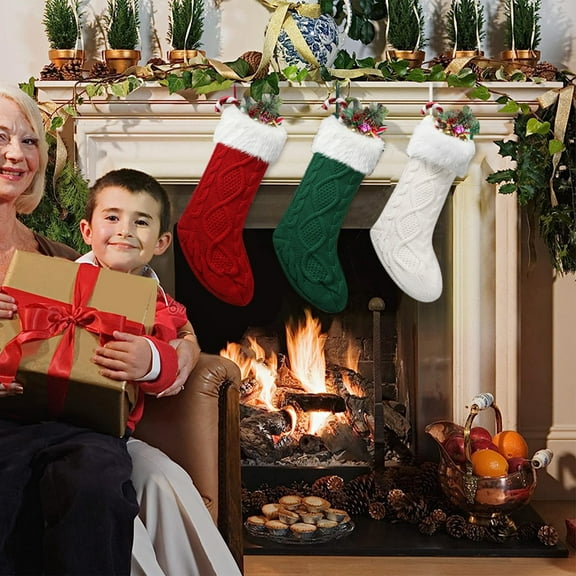 Christmas Stockings, 3 Pack Personalized Christmas Stocking Large Cable Knitted Stocking Decorations for Family Holiday Xmas Party Decor