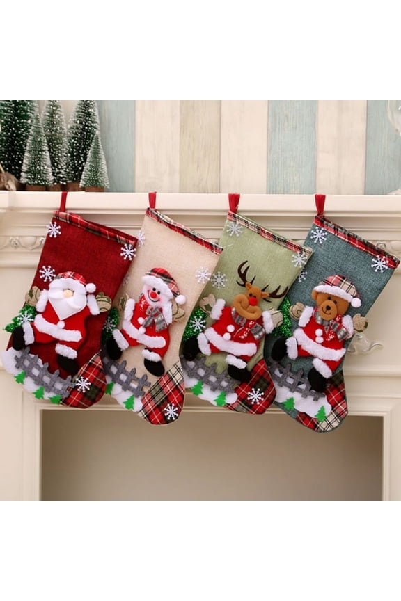 Christmas Stockings, 4 Pack 12" Xmas Stockings, Burlap Plaid Style with Snowflake Santa Snowman Reindeer and Plush Fur Family Pack Stockings for Xmas Holiday Party Decor