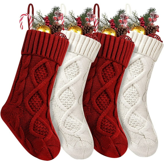 Christmas Stockings, 4 Pack 14 Inches Large Cable Knitted Stocking Decorations Holiday Party Decor - 4pcs White&red