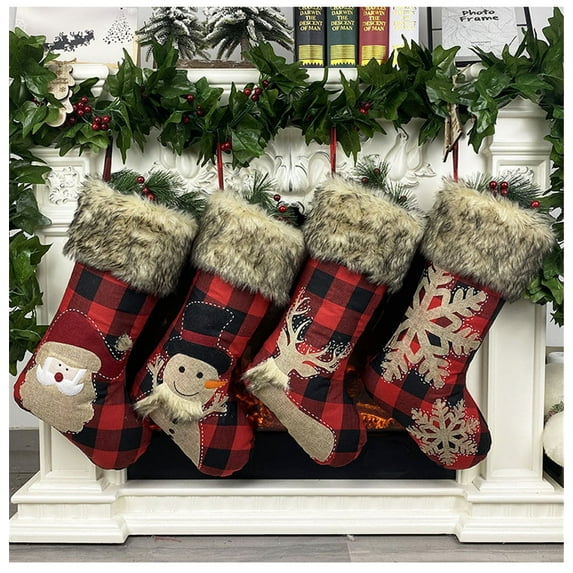 Christmas Stockings - 4 Pack 18" Big Christmas Stocking Stuffers Snowflake Santa Snowman Reindeer Burlap Plaid Socks with Plush Cuff Gift Candy Socks for Family Holiday Christmas Party Decorations